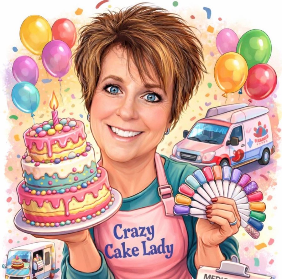 Illustration of Diann Ackerman holding a three-tier birthday cake, wearing her Crazy Cake Lady apron